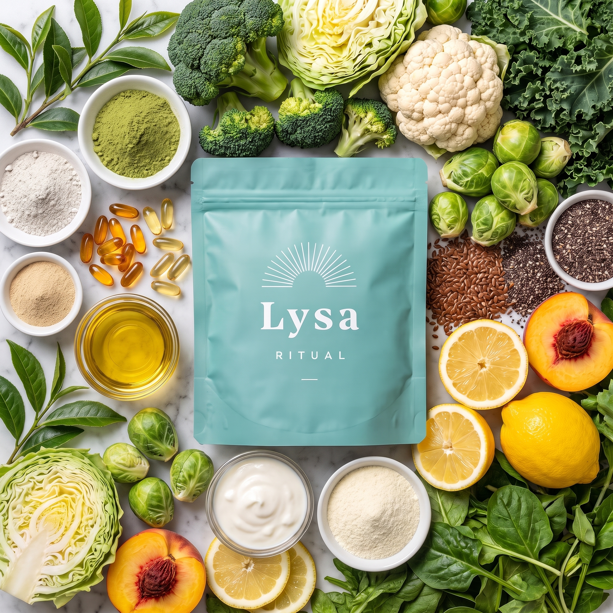 Lysa Ritual gummy bag surrounded by natural ingredients